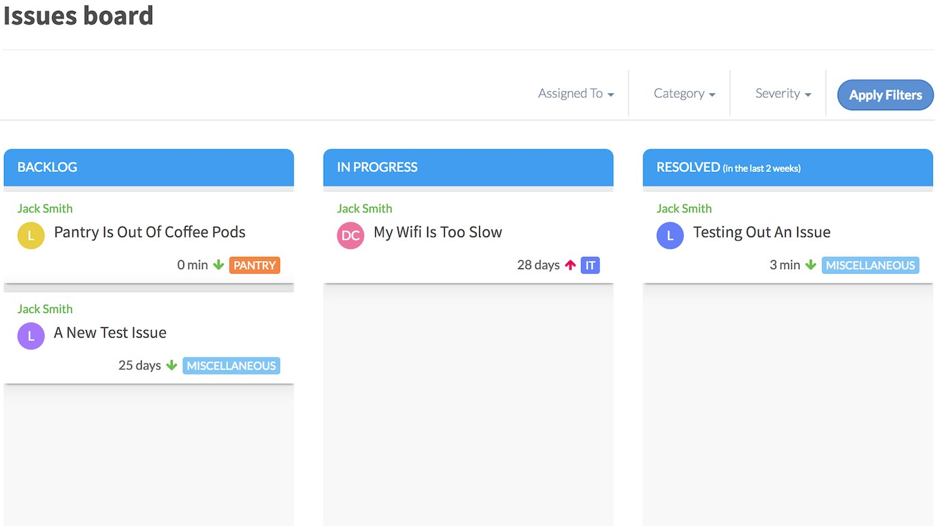 Kanban board (Issues Board) on the dashboard of OfficeAmp