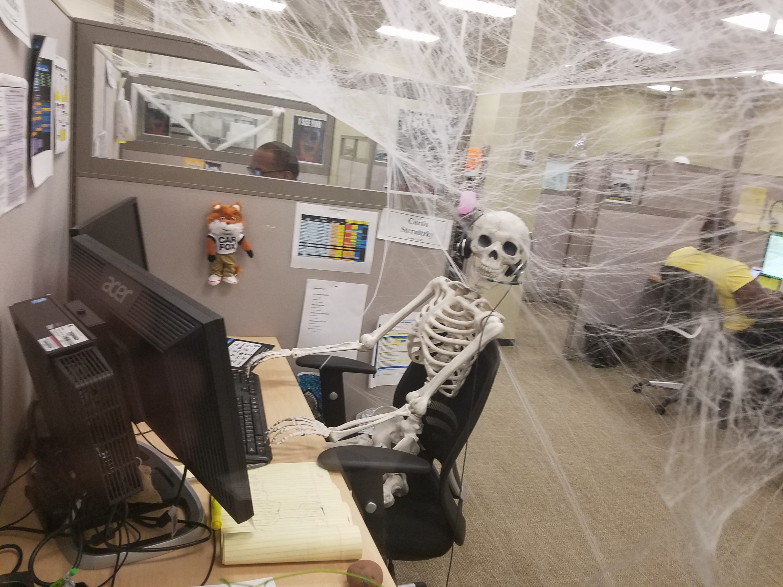cobwebs and skeleton in office prank