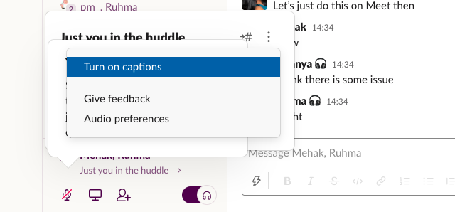 Click the three dots icon, then select 'turn on captions' for Slack Huddles