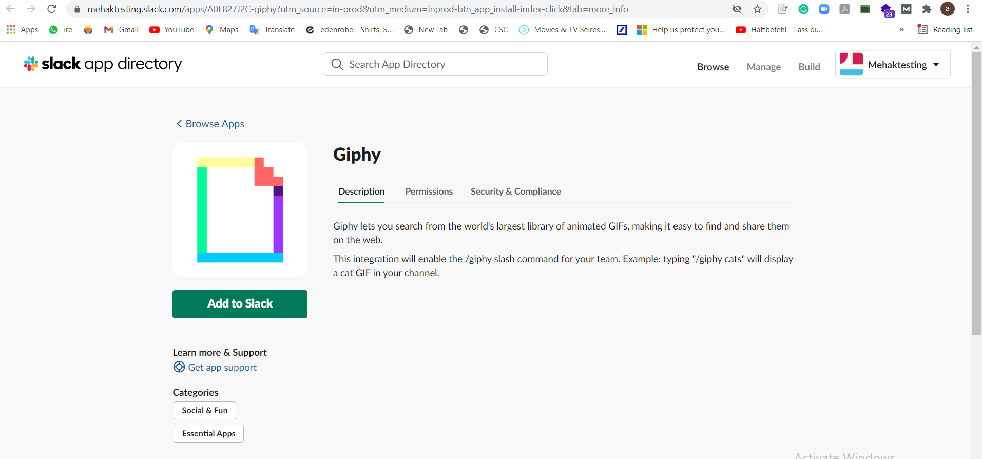 Adding Giphy in Slack