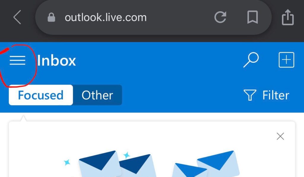 Three bar menu for out of office outlook