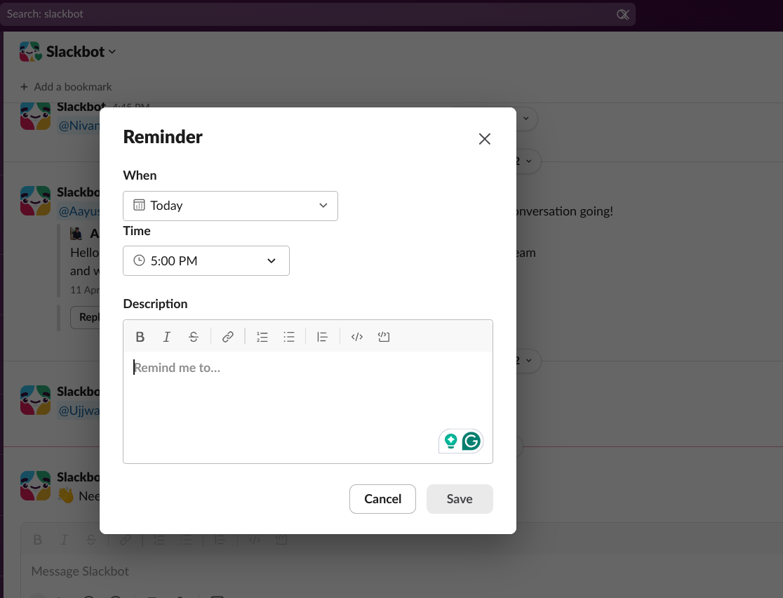 slack slash commands reminder