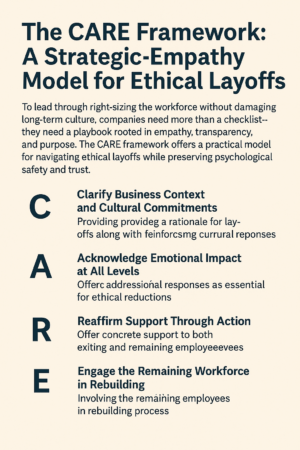 A visual summary of the CARE Framework for ethical layoffs, highlighting four steps: Clarify, Acknowledge, Reaffirm, and Engage.