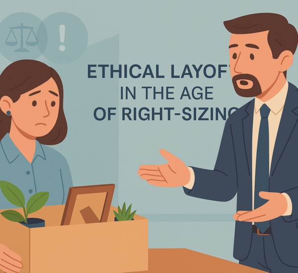 Illustration of an ethical layoff discussion in an office setting