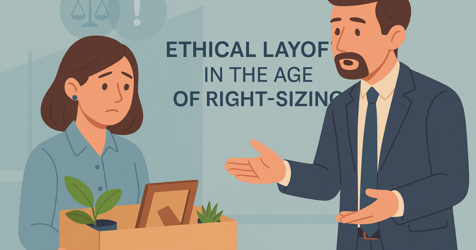 Illustration of an ethical layoff discussion in an office setting